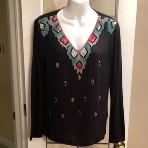 Embroidered Black V-Neck Women's Top